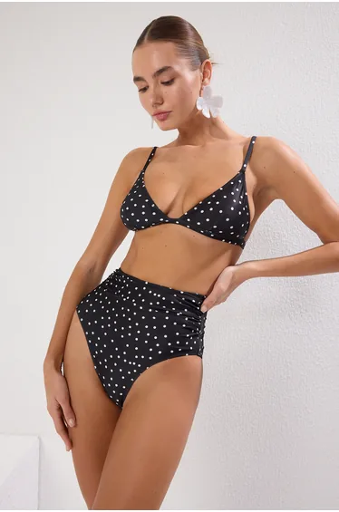 Polka Dot Patterned Topper High Waist Hipster Core Bikini Bottom