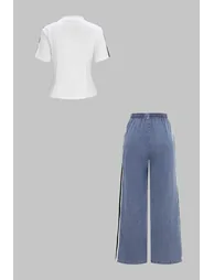 Denim Patchwork Mock Neck Zipper Short Sleeve Top And Drawstring Shirred Waistband Jeans Set - 1