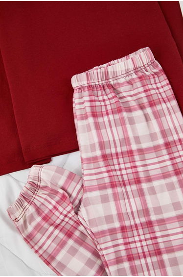 Burgundy-Pink 4-Piece Girls Plaid/Checkered Knitted Bottom-Top Pajama Set product thumbnail 3