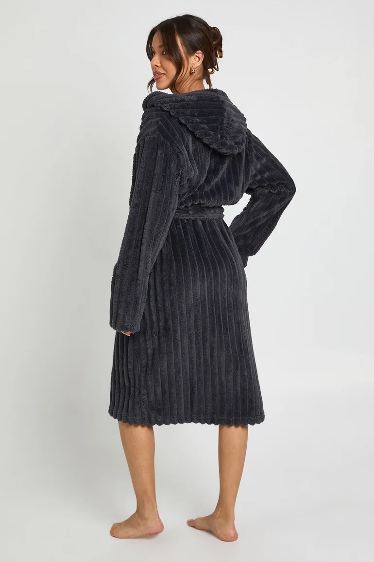 Ribbed Fleece Hooded Long Dressing Gown - charcoal - 1
