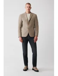 Men's Beige Wool Blended Unlined Double Slit Blazer