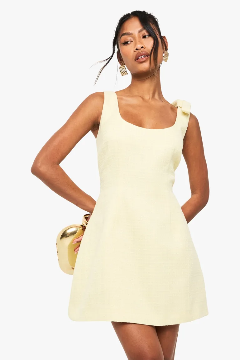 Boucle Scoop Neck Tailored Mini Dress - lemon