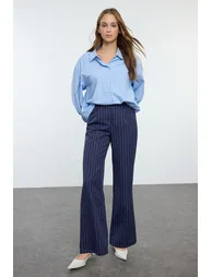 Navy Blue Wide Leg/Wide Leg Woven Striped Trousers - 1