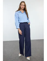 Navy Blue Wide Leg/Wide Leg Woven Striped Trousers