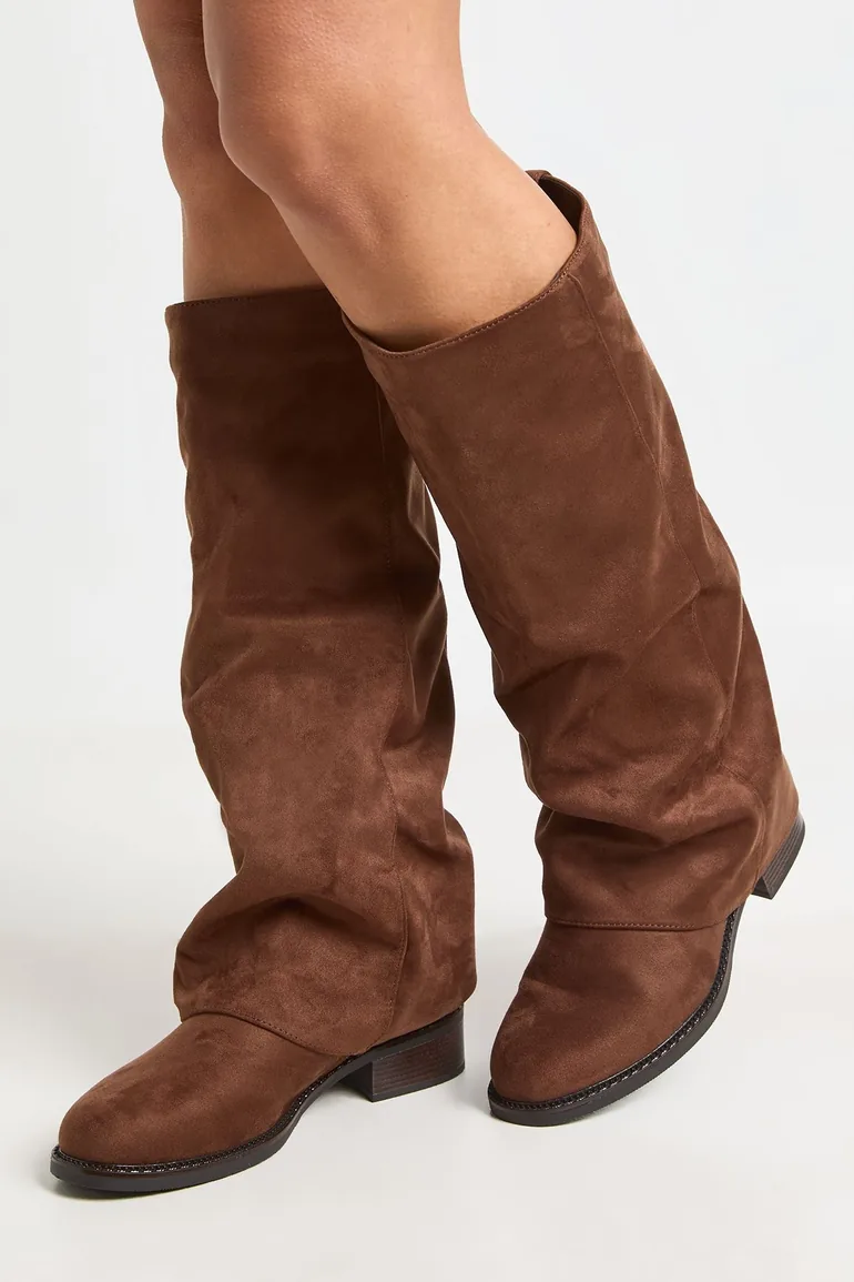 Fold Over Adjustable Knee High Boots - tan