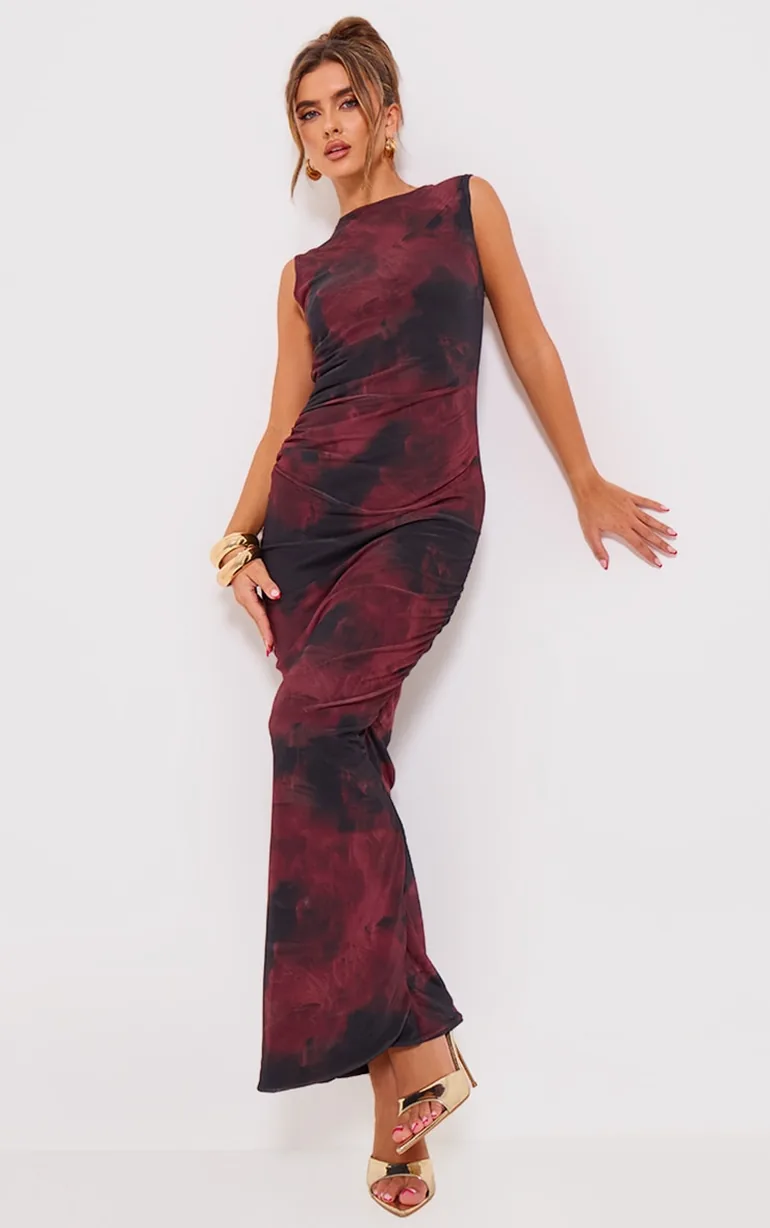 Burgundy Floral Print Mesh Maxi Dress