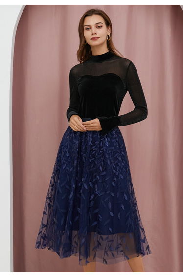 Sequin Embroidered Leaves Mesh Tulle Midi Skirt in Navy product thumbnail 2