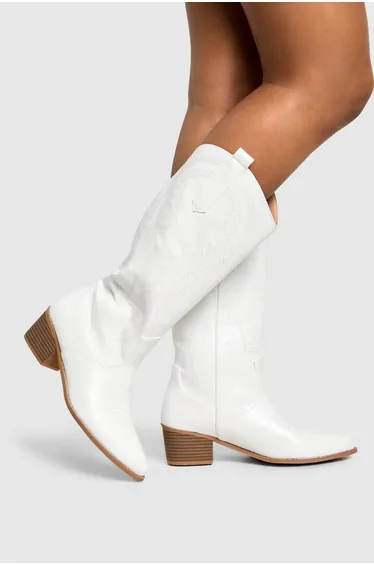 Calf Detail Embroidered Western Cowboy Boots - white