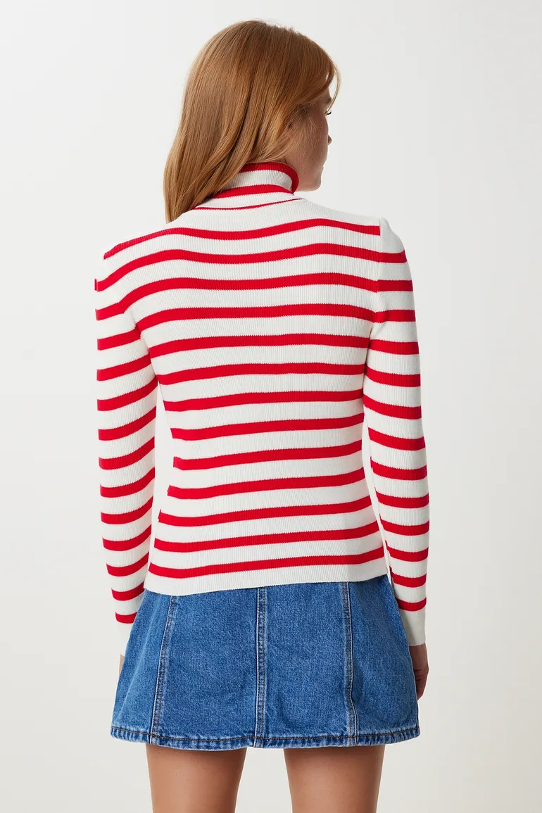 Women's Red Bone Turtleneck Striped Knitwear Sweater - 5