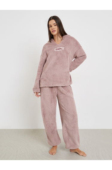 Embroidered Slogan Fleece Hoodie and Joggers Set