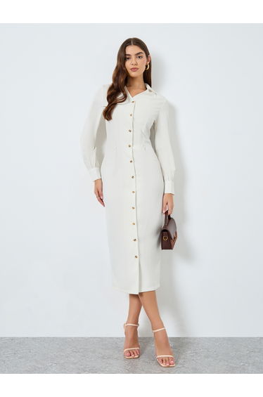 Solid Beige Midi Shirt Dress