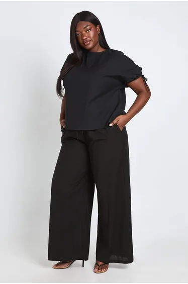 Plus Linen Elasticated Waist Wide Leg Trousers - black