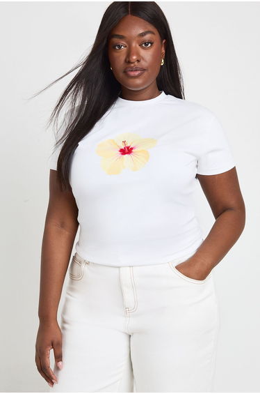 Plus Flower Print Baby Tee - white