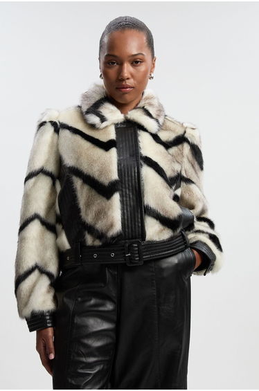 Plus Size Faux Fur Pu Panelled Stripe Belted Cropped Jacket
