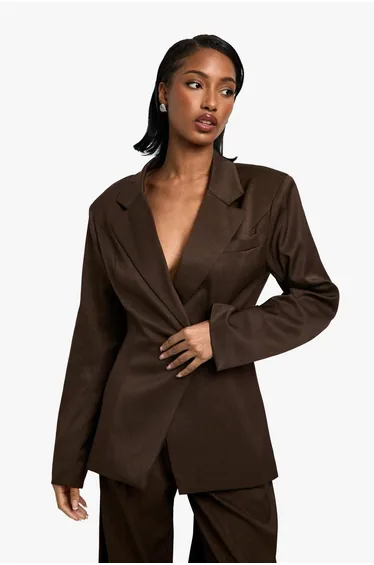 Woven Tailored Cinched Blazer - chocolate