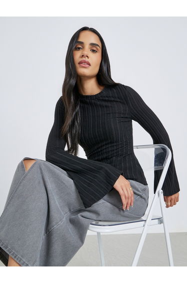 Textured Flared Long Sleeve Knit Top