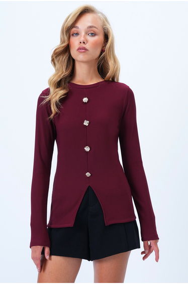 Women's Burgundy Crew Neck Front Slit Button Detailed Ottoban Blouse