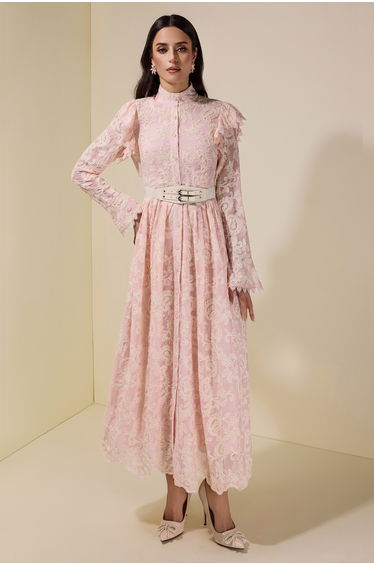Chiffon Embroidered Single Breasted Dress With Belt