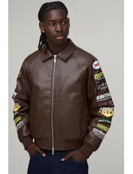 Boxy Fit Rodeo Badge Sleeve Collared Bomber Jacket - chocolate