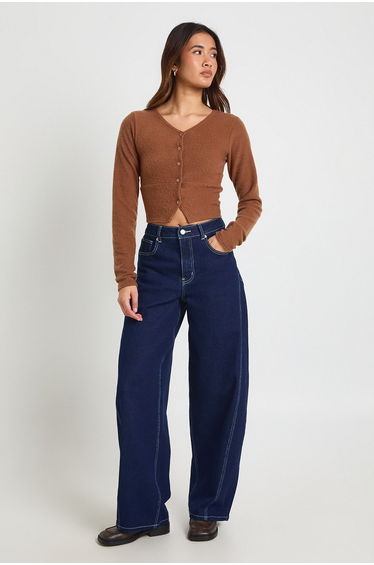 Wool Rib Button Through Cardigan - dark brown