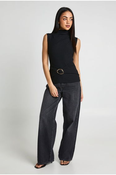 Textured Ruched Grown On Neck Trim Detail Top - black
