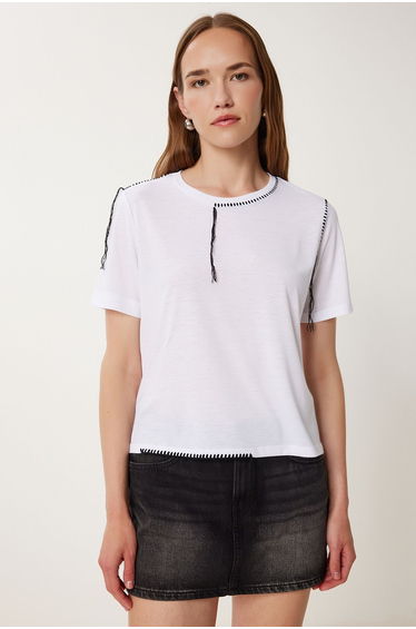 Women's White Contrast Stitching Detailed Knitted T-Shirt
