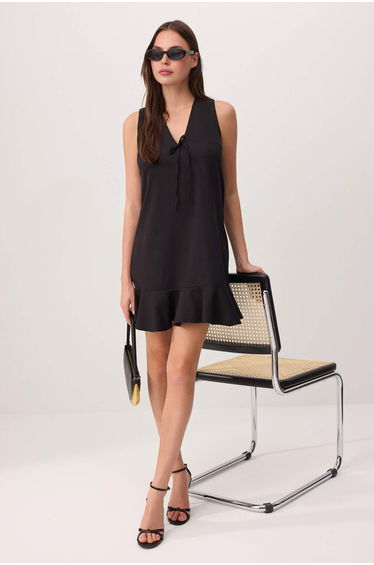 Black Ruffled Sleeveless Short / Mini Stretchy Woven Dress