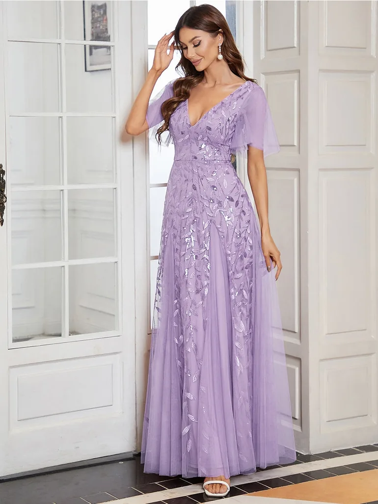 Deep V Neck Sequin Evening Gown With Short Sleeves - 2