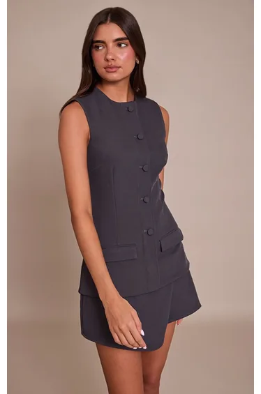 Navy Button Down Detail Asymmetric Hem Shift Dress