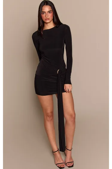 Black Double Layer Ring Trim Detail Mini Dress