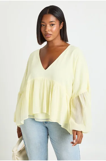 Plus Chiffon Ruffle Plunge Blouse - lemon
