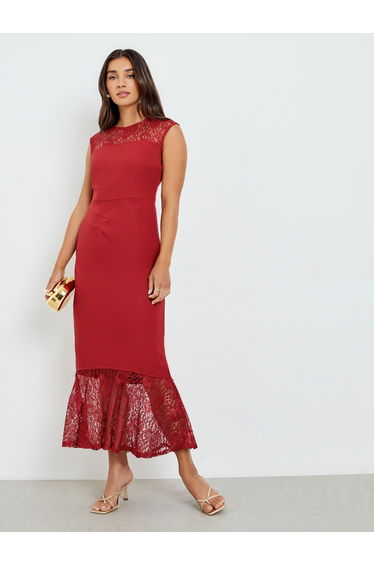 Women Red Lace Sleeveless Mermaid Hem Maxi Dress