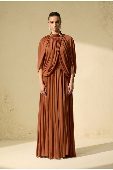 Twilight Whispers Brown Draped Cape Sleeve Knit Maxi Dress