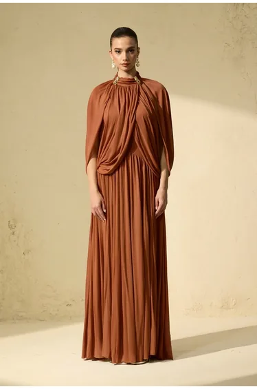 Twilight Whispers Brown Draped Cape Sleeve Knit Maxi Dress