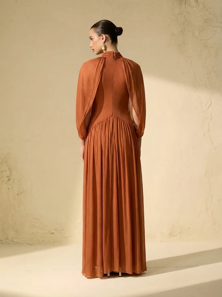 Twilight Whispers Brown Draped Cape Sleeve Knit Maxi Dress - 2