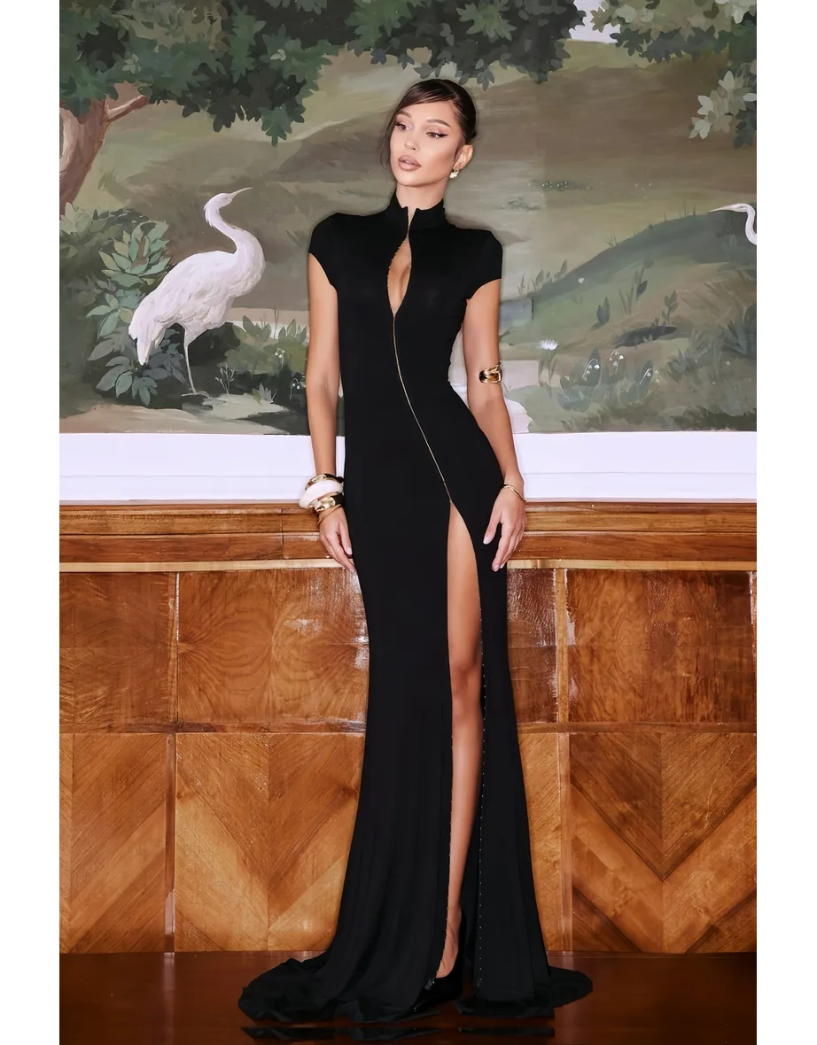 Andrea Black Keyhole Maxi Dress with High Thigh Slit Miss Rosier