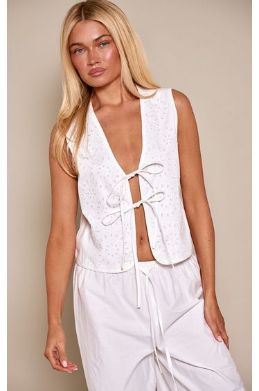 White Cotton Broderie Tie Front Waistcoat Co-ord
