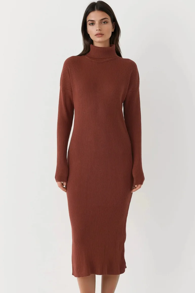 MY FASHION Ribbed Turtleneck Bodycon Knit Dress My Fashion Brown : Day Dresses : VogaCloset Bahrain MY FASHION Ribbed Turtleneck Bodycon Knit Dress My Fashion Brown : Day Dresses : VogaCloset Bahrain