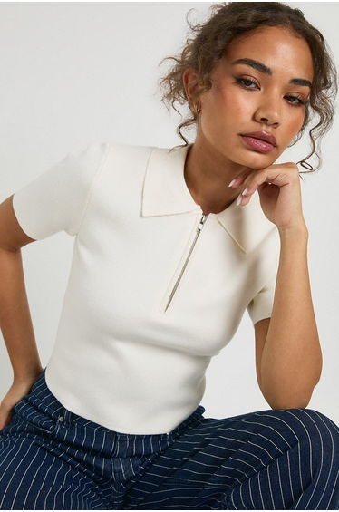 Compact Knit Zip Neck Short Sleeve Top - cream