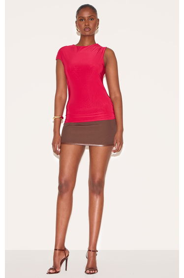 Red Double Layer Slinky Ruched Detail Longline Top