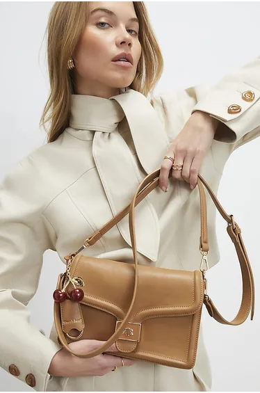 Beige Tab Front Cherry Charm Shoulder Bag
