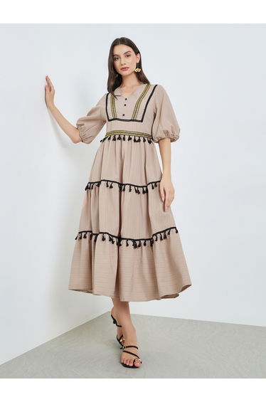 Beige Tassel Trim V Neck Midi Dress
