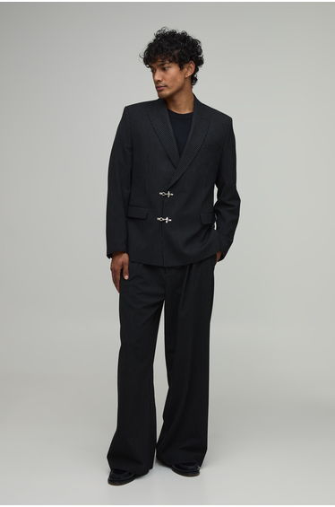 Tailored Pinstripe Pleat Front Wide Fit Suit Trousers - black