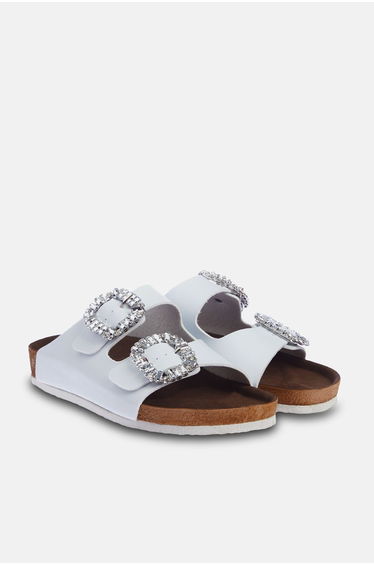 Double Buckle Women's Slippers with White Stone Accessories