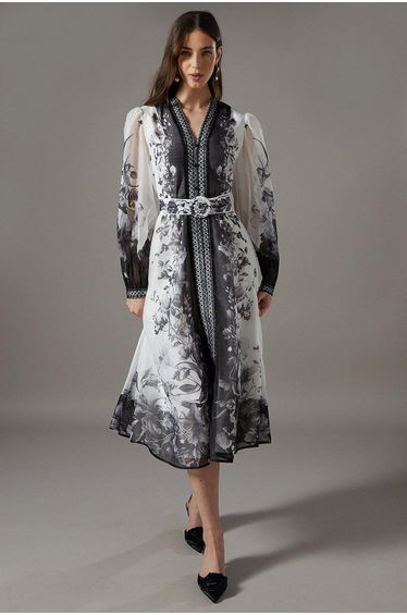 Boarder Printed Organza Shirt Dress