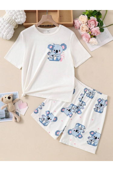 White Koala Print T-Shirt and Shorts Set