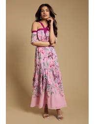 Petite Bow Detail Halter Neck Bardot Dress