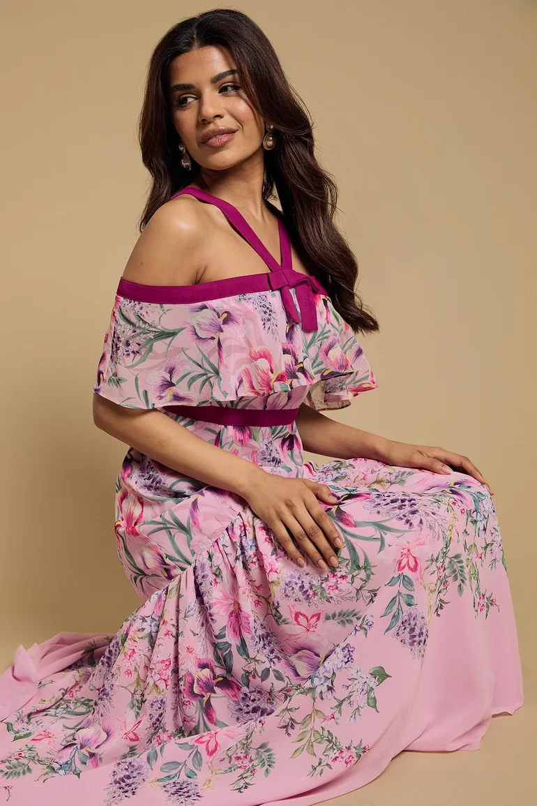 Petite Bow Detail Halter Neck Bardot Dress - 3