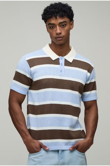 Regular Fit Varsity Striped Knitted Polo - light blue