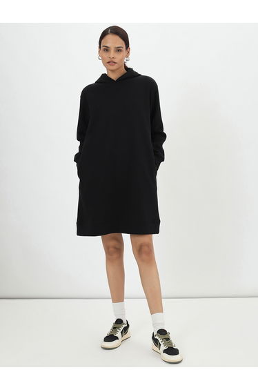 Black Fleece Hooded Mini Sweatshirt Dress